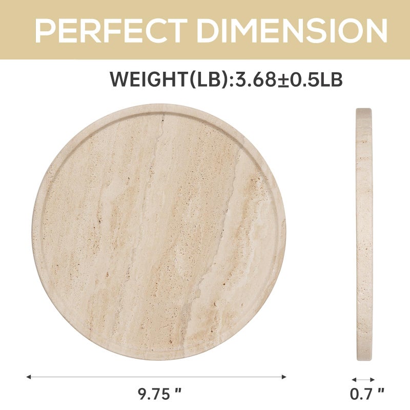 Koville Natural Travertine Tray for Home Decor, 10 Inch Round Serving Tray for Kitchen and Coffee Table, Decorative Marble Bathroom Trays for Counter, Luxury Vanity Tray, Light Beige Stone Tray - Image 2