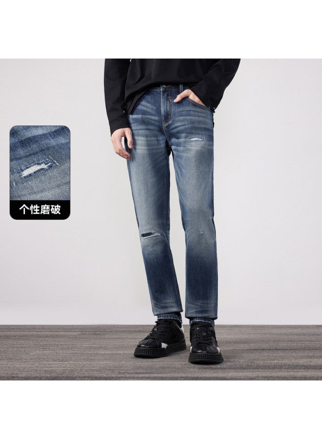 Cabbeen Men's Jeans Unique Enzyme Wash Personalized Distressed High-stretch Fabric Comfortable Winter Pants - Image 2