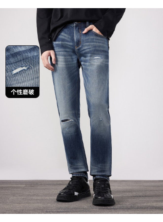 Cabbeen Men's Jeans Unique Enzyme Wash Personalized Distressed High-stretch Fabric Comfortable Winter Pants - Image 1