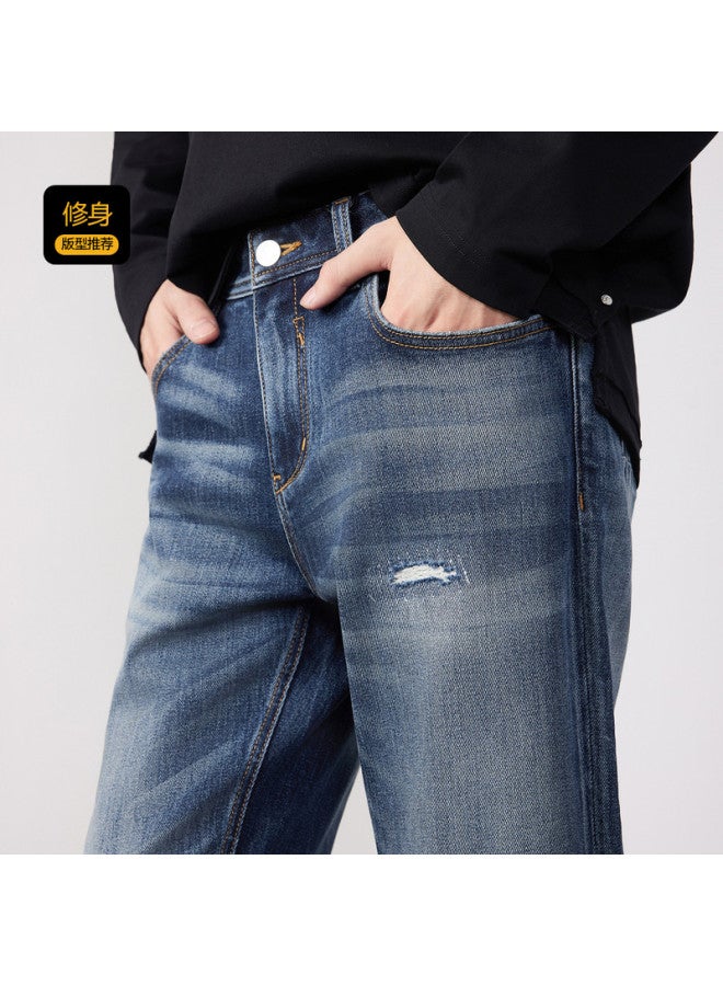 Cabbeen Men's Jeans Unique Enzyme Wash Personalized Distressed High-stretch Fabric Comfortable Winter Pants - Image 3