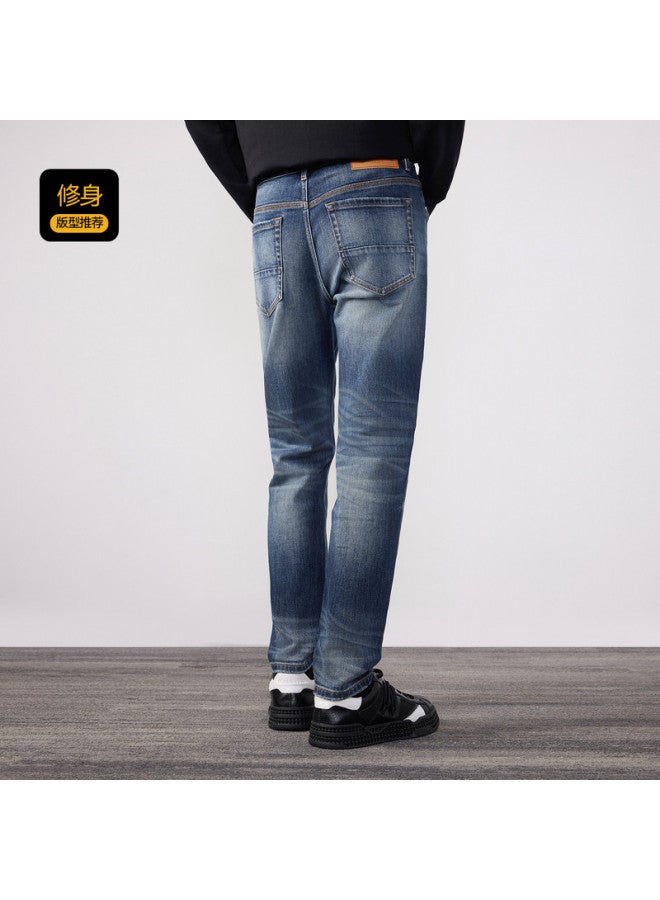 Cabbeen Men's Jeans Unique Enzyme Wash Personalized Distressed High-stretch Fabric Comfortable Winter Pants - Image 5