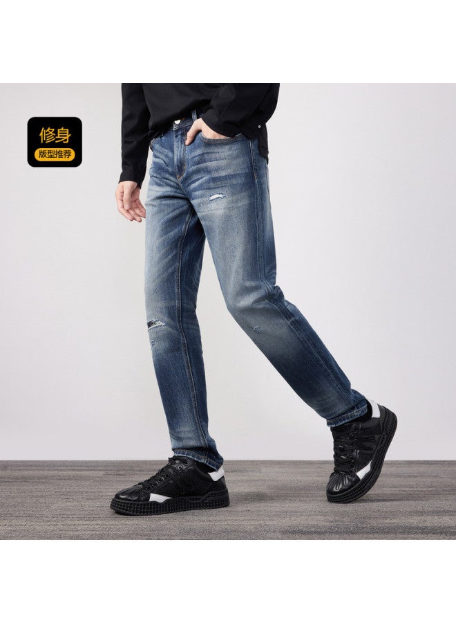 Cabbeen Men's Jeans Unique Enzyme Wash Personalized Distressed High-stretch Fabric Comfortable Winter Pants - Image 4