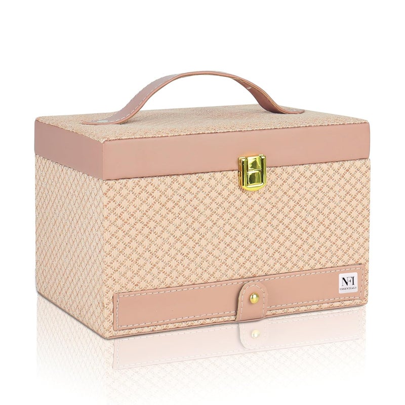 NFI essentials Makeup Bag Cosmetic Box Jewelry Bridal Box Make up Box Trousseau Box Vanity Beauty Case Organizer for Wedding Makeup Big Box (Pink) - Image 1