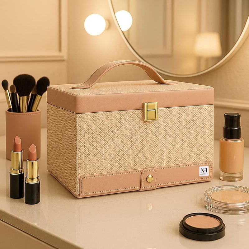 NFI essentials Makeup Bag Cosmetic Box Jewelry Bridal Box Make up Box Trousseau Box Vanity Beauty Case Organizer for Wedding Makeup Big Box (Pink) - Image 3