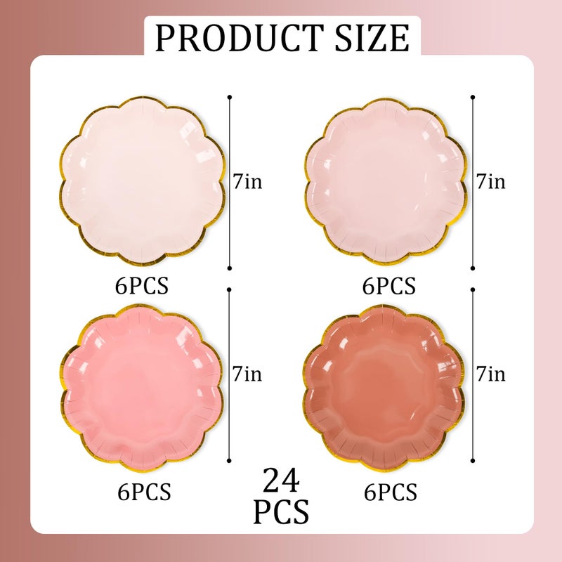 AimFun 24 Pcs Dusty Pink Party Plates Gradient Color Dessert Paper Plate 7inch Gold Foil Scalloped Edge Disposable Cake Plates for Tea Party Birthday Bridal Baby Shower Wedding Party Supplies - Image 2