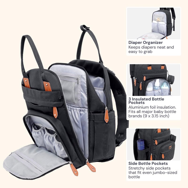 BabbleRoo Diaper Bag Backpack - Baby Essentials Travel Tote - Multi Function Waterproof Diaper Bag, Travel Essentials Baby Bag with Changing Pad, Stroller Straps & Pacifier Case - Unisex, Black - Image 3