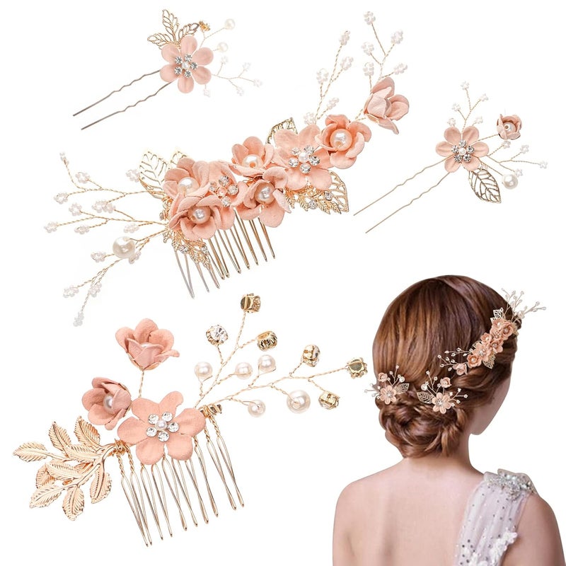 4PCS Wedding Bridal Hair Accessories Pearl Hair Side Combs Set for Women Girls Rose Gold Hair Pins Floral Leaf Crystal Headpiece