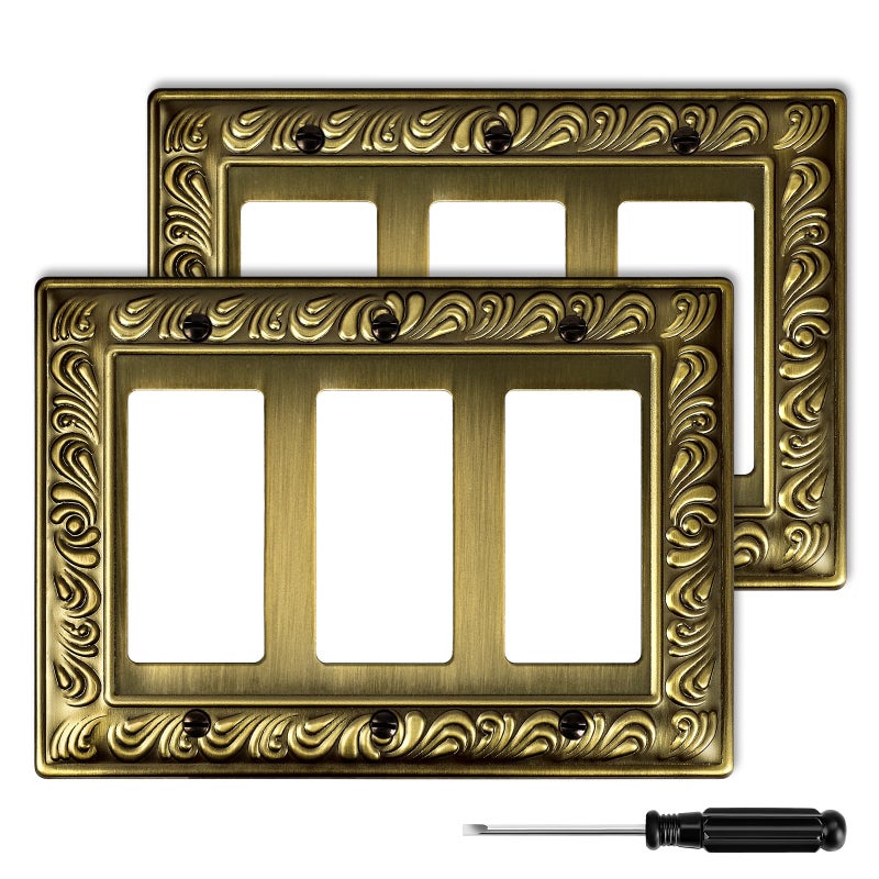 Ranweydi Antique Brass Decorative Wall Plate Light Switch Cover Decorator Outlet Covers Rocker Switch Plates Metal Material Wall Plates for Kitchen Bathroom (3 Gang Triple Decorator-2 Pack) - Image 1