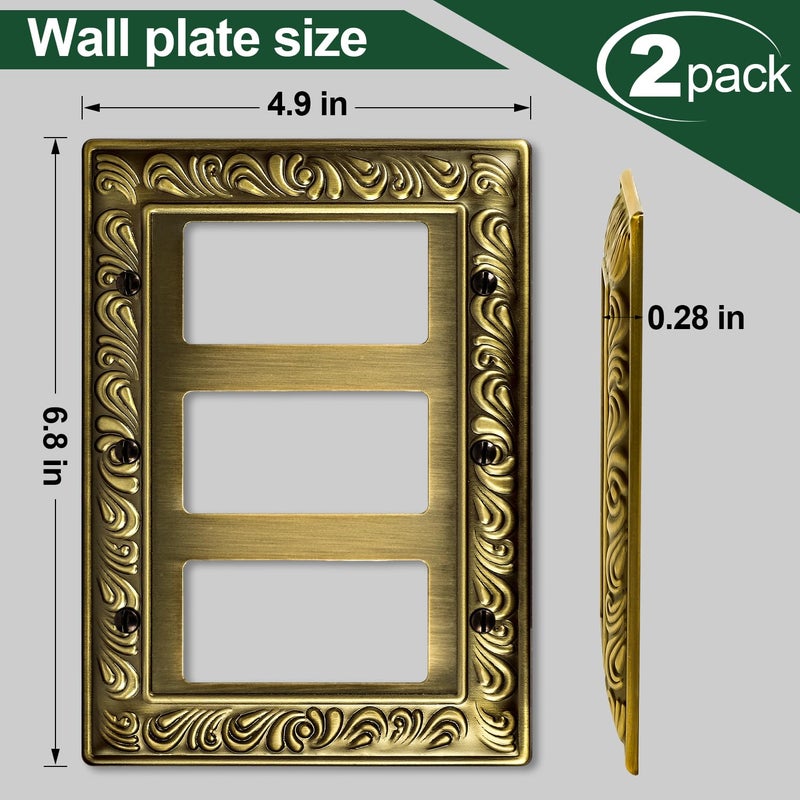 Ranweydi Antique Brass Decorative Wall Plate Light Switch Cover Decorator Outlet Covers Rocker Switch Plates Metal Material Wall Plates for Kitchen Bathroom (3 Gang Triple Decorator-2 Pack) - Image 3