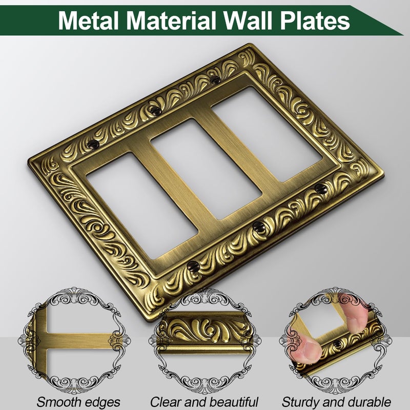 Ranweydi Antique Brass Decorative Wall Plate Light Switch Cover Decorator Outlet Covers Rocker Switch Plates Metal Material Wall Plates for Kitchen Bathroom (3 Gang Triple Decorator-2 Pack) - Image 2