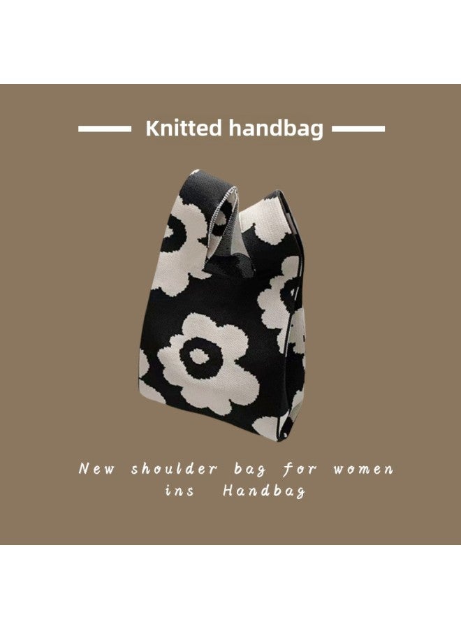 Ins Internet Trendy Handbag Women's Knitted Wool Bucket Bag Hand Carrying Casual Tote Bag Box Lunch Bag Wholesale-Color:Big Flowers-Black - Image 1