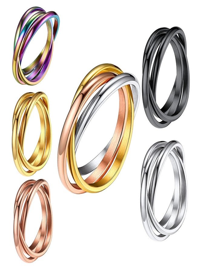 JAJAFOOK 6PCS 1.5mm Trinity Rolling Interlocked Rings Set Hypoallergenic Stainless Steel Triple Band Stackable Rings Sensory Fidget Jewelry, 8 - Image 1