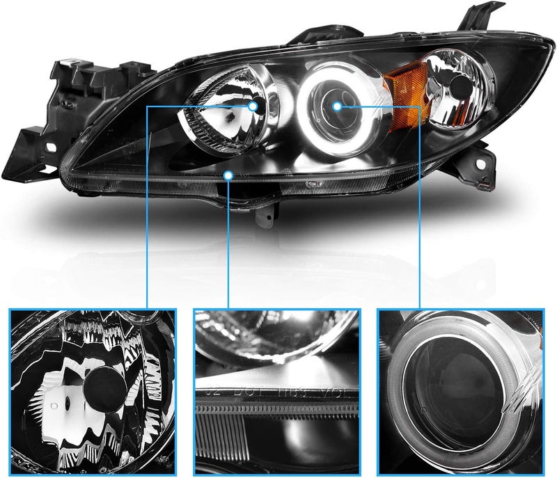 AmeriLite Xtreme LED Halos Projector Black Replacement Headlights for 2004-2009 Mazda 3 4-Door Sedan - Driver and Passenger Side - Image 3