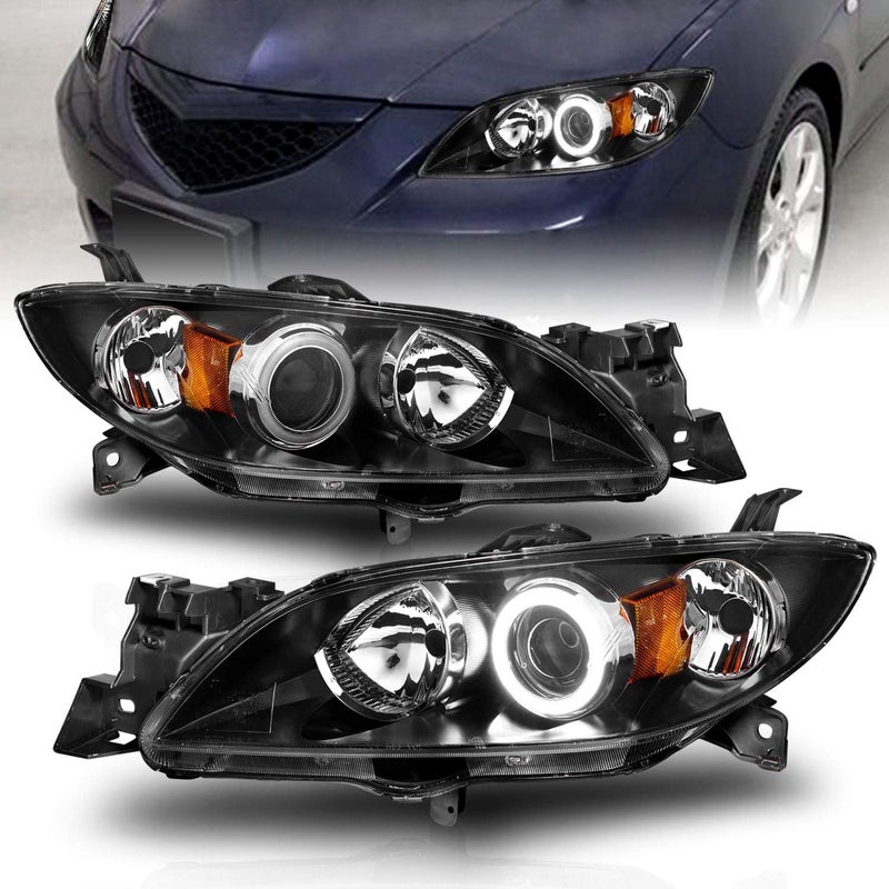 AmeriLite Xtreme LED Halos Projector Black Replacement Headlights for 2004-2009 Mazda 3 4-Door Sedan - Driver and Passenger Side - Image 1