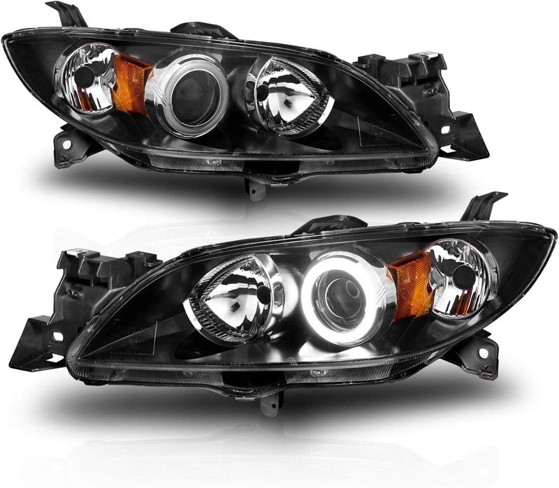 AmeriLite Xtreme LED Halos Projector Black Replacement Headlights for 2004-2009 Mazda 3 4-Door Sedan - Driver and Passenger Side - Image 2