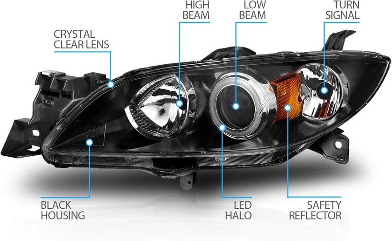 AmeriLite Xtreme LED Halos Projector Black Replacement Headlights for 2004-2009 Mazda 3 4-Door Sedan - Driver and Passenger Side - Image 4