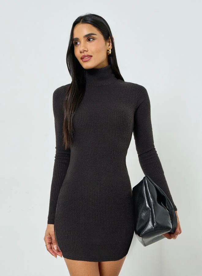 Take Two Women's Solid Texture High Neck Long Sleeve Mini Dress
