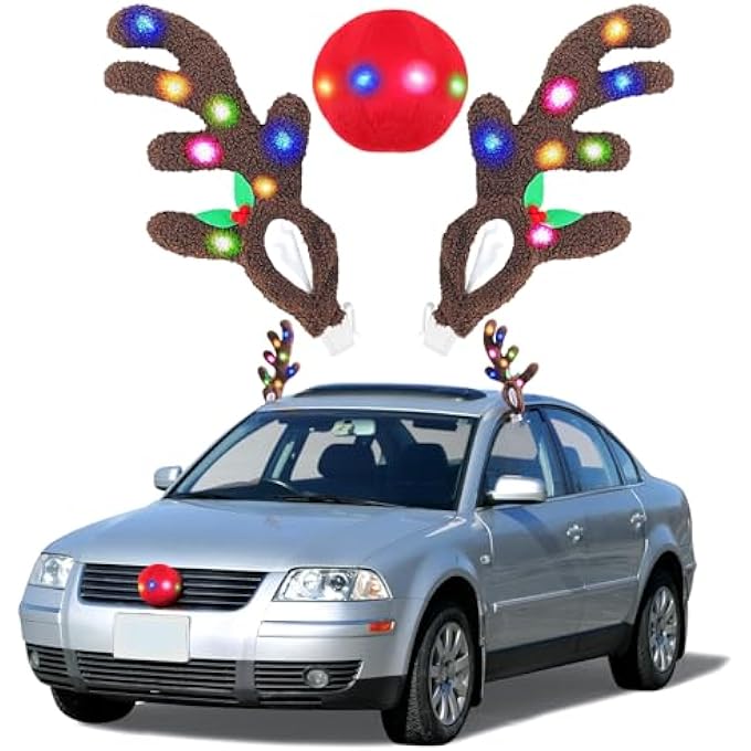 rayihni زينة سيارة عيد الميلاد على شكل قرون الرنة وأنفها، مجموعة قرون الرنة مع أضواء LED، زينة خارجية لسيارة الرنة، زينة عطلة للسيارة، SUV، فان، شاحنة - Image 2