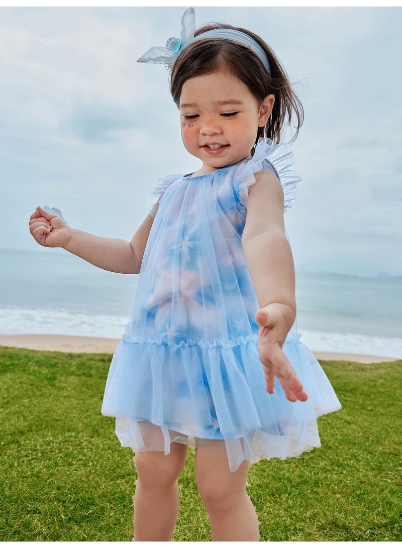 ميني بالا فستان ساحر بأكمام منفوخة للفتيات، مصنوع من قماش التول الناعم القابل للتنفس، حواف مكشكشة، تنورة متعددة الطبقات، رقبة مستديرة، مثالي لقضاء العطلات على الشاطئ وحفلات الحديقة واحتفالات الصيف، فستان للأطفال - Image 2