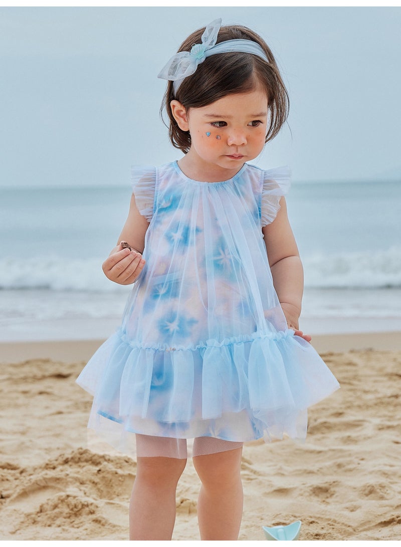 ميني بالا فستان ساحر بأكمام منفوخة للفتيات، مصنوع من قماش التول الناعم القابل للتنفس، حواف مكشكشة، تنورة متعددة الطبقات، رقبة مستديرة، مثالي لقضاء العطلات على الشاطئ وحفلات الحديقة واحتفالات الصيف، فستان للأطفال - Image 1
