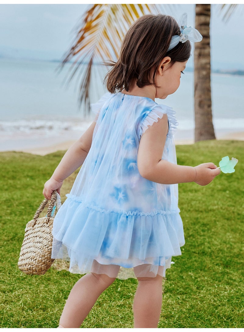 ميني بالا فستان ساحر بأكمام منفوخة للفتيات، مصنوع من قماش التول الناعم القابل للتنفس، حواف مكشكشة، تنورة متعددة الطبقات، رقبة مستديرة، مثالي لقضاء العطلات على الشاطئ وحفلات الحديقة واحتفالات الصيف، فستان للأطفال - Image 3