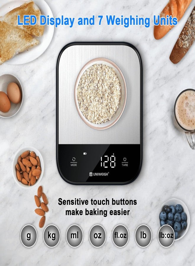 يونيواي ميزان طعام UNIWEIGH للمطبخ، ميزان رقمي بوحدات الغرام والأونصة لوزن الطعام، الخبز، الطبخ، تحضير الوجبات، ميزان مطبخ صغير بـ 7 وحدات وزن/شاشة LED/وظيفة التصفير، مصنوع من الفولاذ المقاوم للصدأ، أسود - Image 2