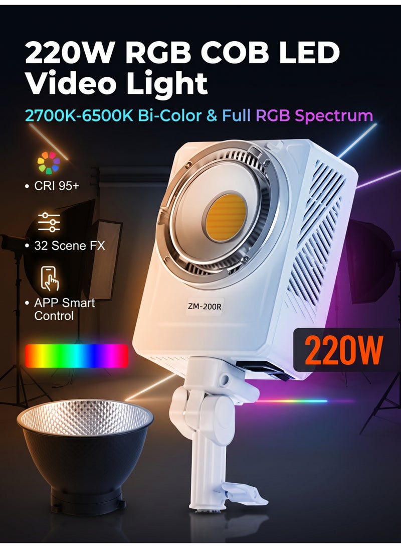 Glanfen 220W RGB COB LED Video Light (White Edition) - Aesthetic Studio Photography & Beauty Live Streaming Light with Bowens Mount, APP Smart Control, 2700K-6500K Bi-Color, CRI 95+, 32 Scene FX for YouTube & Vlog - Image 1