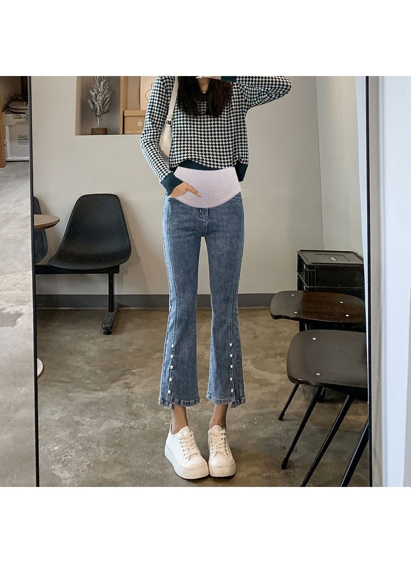 Generic Maternity Jeans Spring Split Flare Leggings 2023 Fashion Blue [regular]]  - Image 1