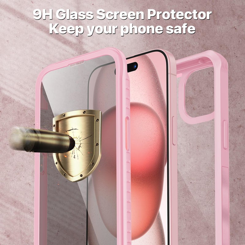 CENHUFO Privacy for iPhone 15 Case, Full Body Phone Case with Built-in 9H Tempered Glass Privacy Screen Protector and Camera Lens Protector, Anti Peep Spy Shockproof Bumper Clear Cover - Pink - Image 4