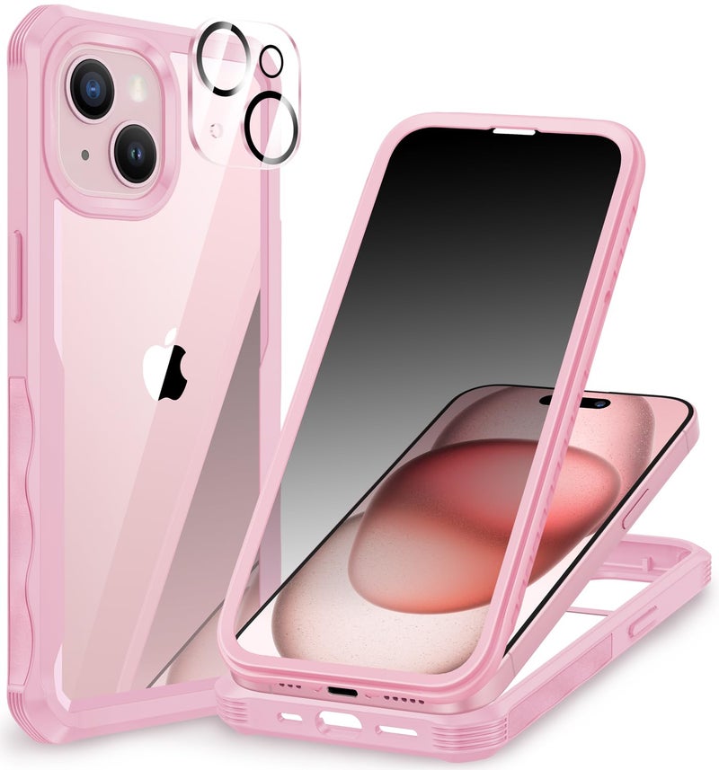 CENHUFO Privacy for iPhone 15 Case, Full Body Phone Case with Built-in 9H Tempered Glass Privacy Screen Protector and Camera Lens Protector, Anti Peep Spy Shockproof Bumper Clear Cover - Pink - Image 1