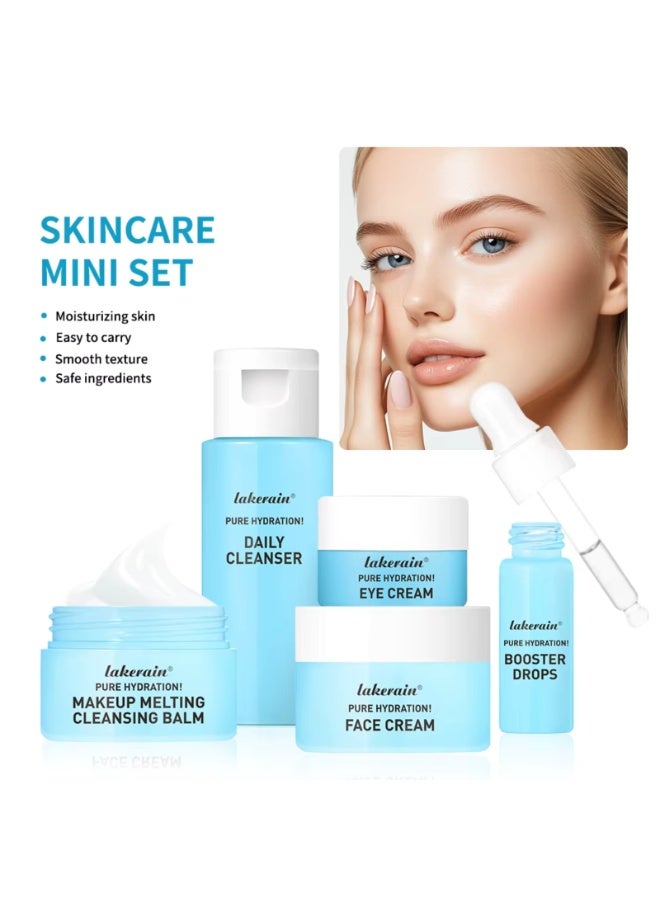 lakerain Pure Hydration Skincare Mini Set Daily Cleanser Makeup Cleansing Balm Face Cream Eye Cream and Booster Drops 5 in 1 Skincare Facial Kit Moisturizing Hydrating Skin Care Face and Eye Cream - Image 2