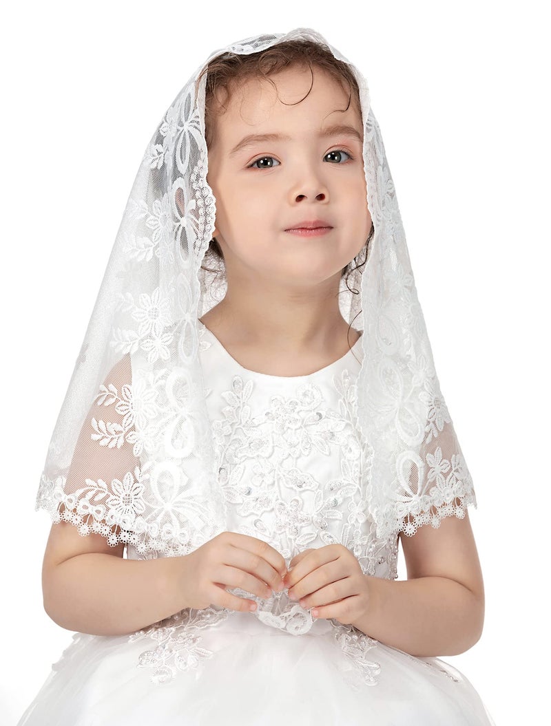 PAMOR First Communion Veils for Girls Lace Chapel Veil Mantilla Veils Latin Lass Church Veil for Catholic Baptism D Shape (White B) - Image 5