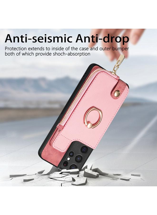 اس-توب جراب لهاتف Samsung Galaxy S21 Ultra 5G مع حلقة جلدية متقاطعة وسحاب عمودي ومحفظة خلفية للهاتف - Image 2