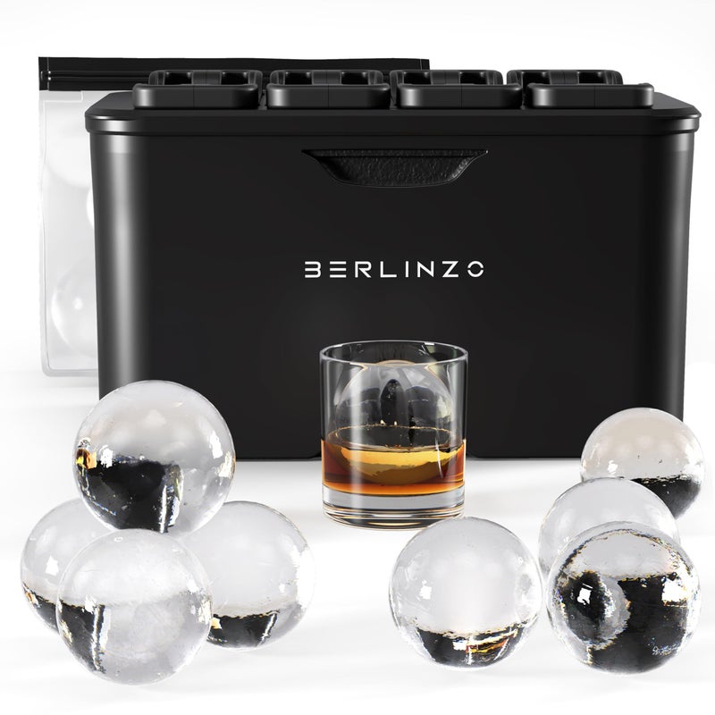 Berlinzo Premium Clear Ice Ball Maker Mold 8 Large 24 Crystal Clear Ice Balls for Whiskey Cocktails Bourbon EasytoRemove Mold for Ice Spheres XL Storage Bag Included NonElectric