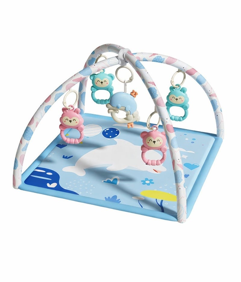 O2. Dolphin Baby Activity Play Mat – Square Blue Gym Blanket with Hanging Toys for Sensory & Motor Development - Image 1