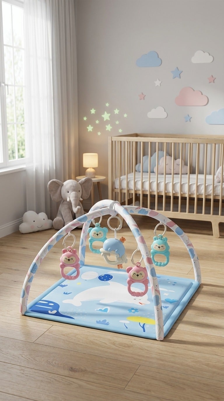 O2. Dolphin Baby Activity Play Mat – Square Blue Gym Blanket with Hanging Toys for Sensory & Motor Development - Image 3