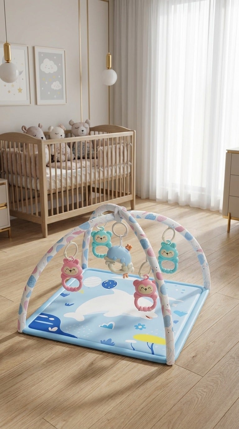 O2. Dolphin Baby Activity Play Mat – Square Blue Gym Blanket with Hanging Toys for Sensory & Motor Development - Image 4