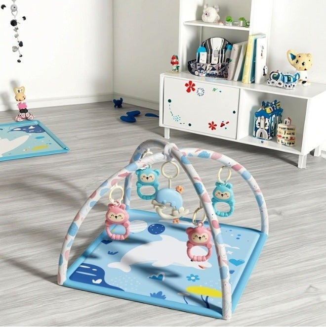 O2. Dolphin Baby Activity Play Mat – Square Blue Gym Blanket with Hanging Toys for Sensory & Motor Development - Image 2