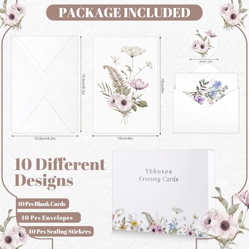 Thboxes Blank Cards and Envelopes, 40 Pack Blank Note Cards 4x6 in Elegant Floral Greeting Card with Sealing Stickers, Note Card and Envelopes Stationary Set for All Occasions (10 Floral Designs) - Image 2