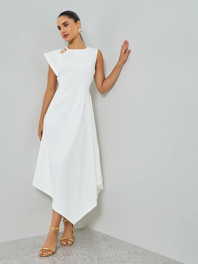 Styli  Styli White Asymmetric Hem Midi Dress for Women | Best Price UAE