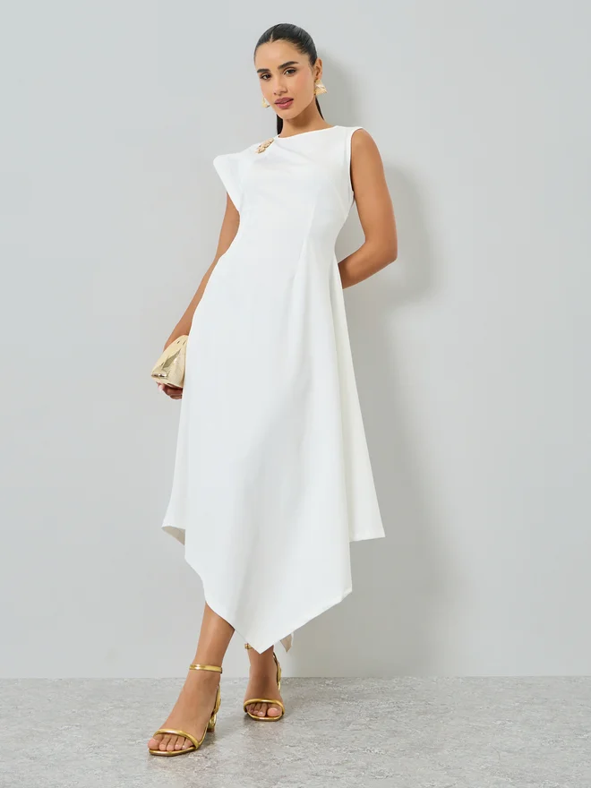 Styli White Asymmetric Hem Midi Dress