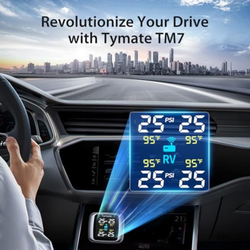 نظام مراقبة ضغط الإطارات TM7، TPMS لاسلكي مع 4 أجهزة استشعار خارجية و6 أوضاع إنذار، شاشة ملونة، نظام مراقبة ضغط الإطارات في الوقت الحقيقي، مثالي لشاحنة RV SUV MPV سيدان 0-87 رطل لكل بوصة مربعة - Image 2