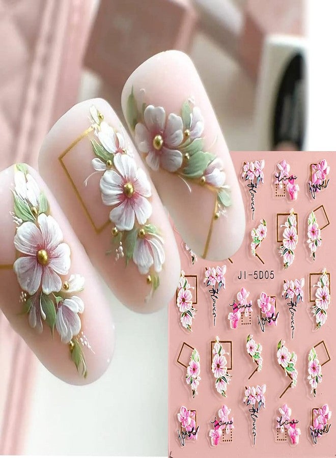 Fcozpjk 5D Nail Art Stickers 4 Sheets Pink Flowers Geometric Lines Decor Acrylic Embossed Sliders Gold Strips Decals Charms Cherry Blossom Manicure Accessories - Image 1