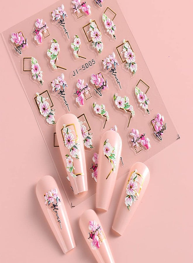 Fcozpjk 5D Nail Art Stickers 4 Sheets Pink Flowers Geometric Lines Decor Acrylic Embossed Sliders Gold Strips Decals Charms Cherry Blossom Manicure Accessories - Image 4