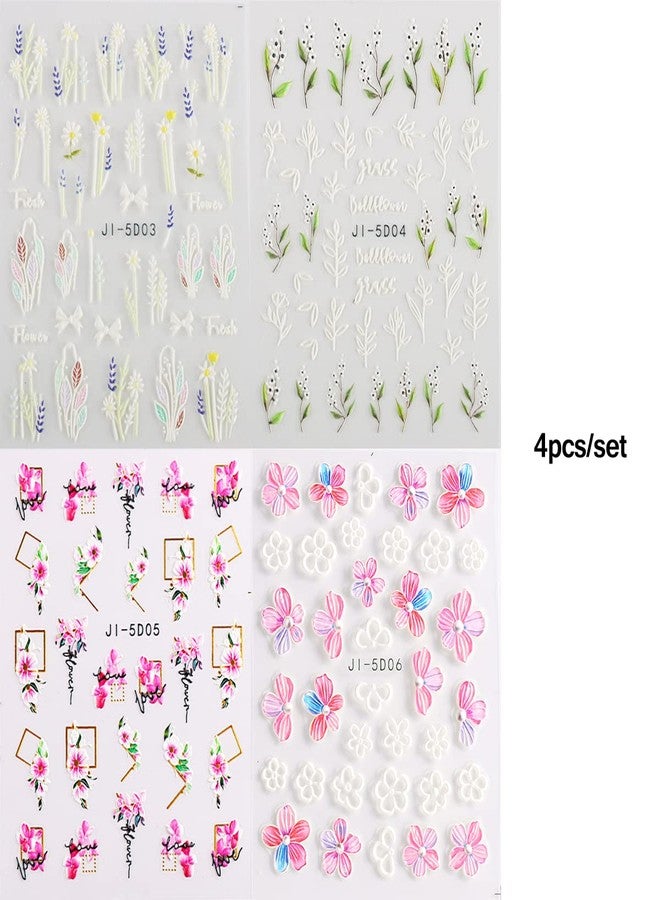 Fcozpjk 5D Nail Art Stickers 4 Sheets Pink Flowers Geometric Lines Decor Acrylic Embossed Sliders Gold Strips Decals Charms Cherry Blossom Manicure Accessories - Image 2