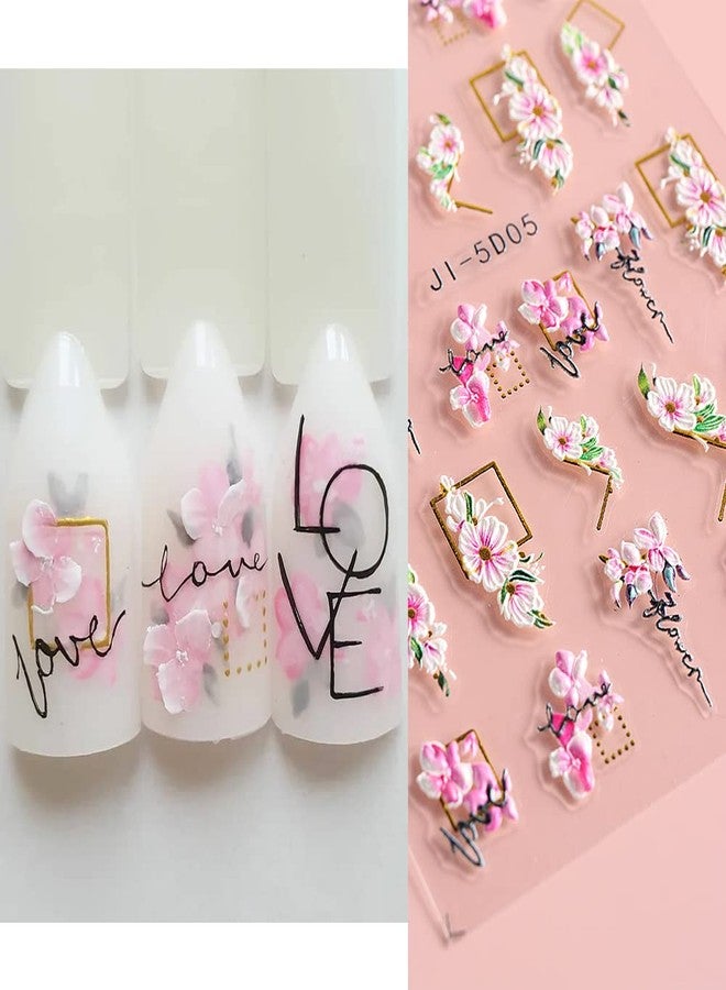 Fcozpjk 5D Nail Art Stickers 4 Sheets Pink Flowers Geometric Lines Decor Acrylic Embossed Sliders Gold Strips Decals Charms Cherry Blossom Manicure Accessories - Image 3
