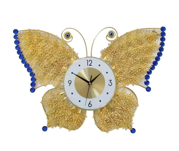 METAL 3D CREATIVE BUTTERFLY WALL CLOCK FOR HOME AT DRAWING ROOM BIRDS THEME ROUND ANALOG DIAL (GOLD BLUE, 63 CM X 43 CM X 5 CM)
