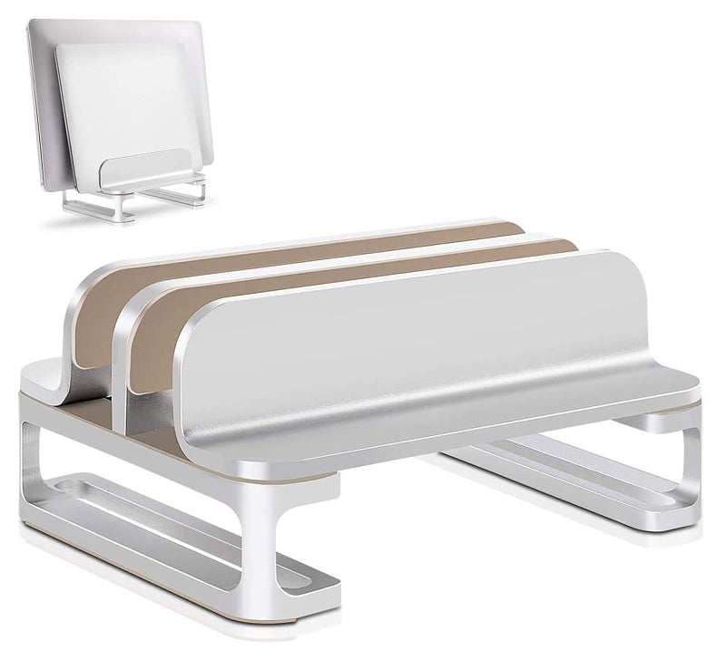 Techzere Tabletop Aluminium Vertical Laptop Stand Holder with Adjustable Dock Dual Slots, Silver - Image 1