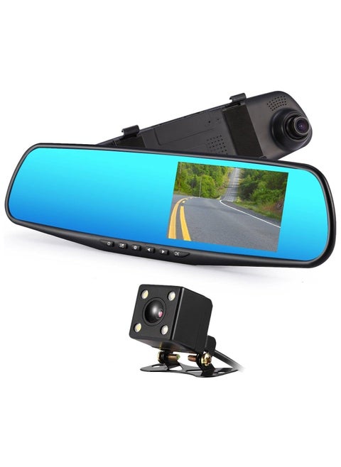 كاميرا داش مزدوجة العدسات، لوحة قيادة سيارة بكاميرا مرآة، LESHP 4.3 بوصة LCD بعدسة مزدوجة DVR مسجل فيديو TFT شاشة مراقبة الرؤية الخلفية G-Sensor مقاومة للماء لكاميرا احتياطية للسيارة HD 1080P