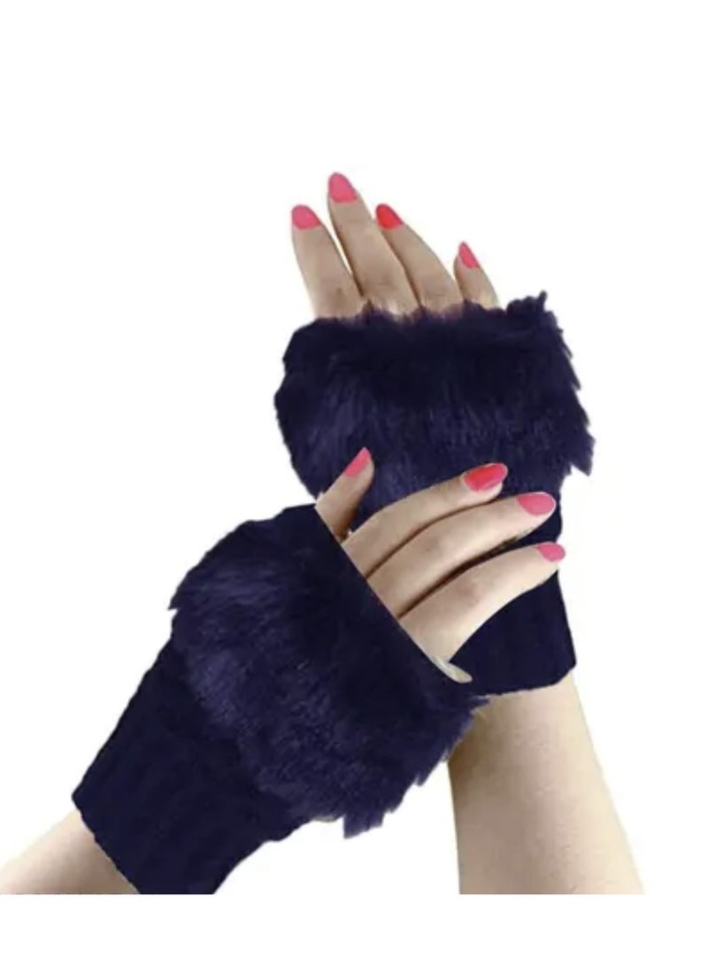 Woolen Winter Fashion Fur Ladies Gloves Pair Blue - Image 1